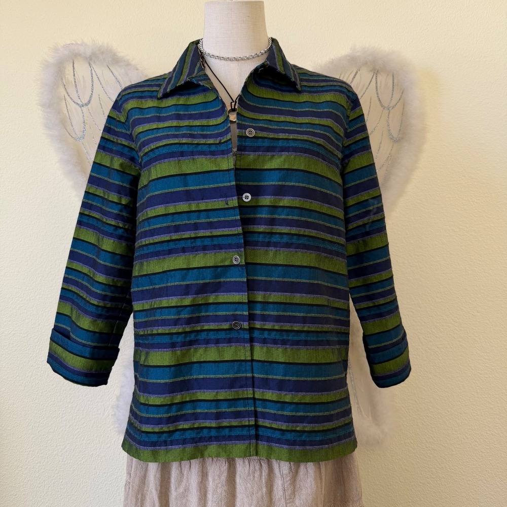 Indie Grunge Retro Striped Button Up Shirt Jacket Green Purple Blue Funky Bright